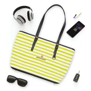 Best Yellow Striped Tote Bag, Best Designer PU Leather Shoulder Hand Work Bag 17"x11"/ 16"x10"