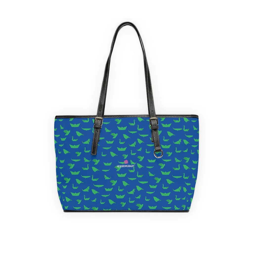 Blue Green Crane Tote Bag, Japanese Style Best PU Leather Shoulder Hand Work Bag 17"x11"/ 16"x10"