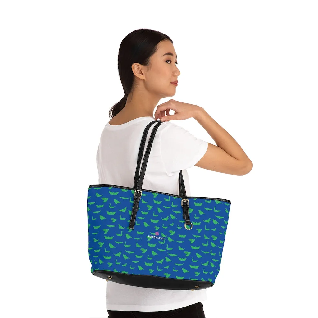 Blue Green Crane Tote Bag, Japanese Style Best PU Leather Shoulder Hand Work Bag 17"x11"/ 16"x10"