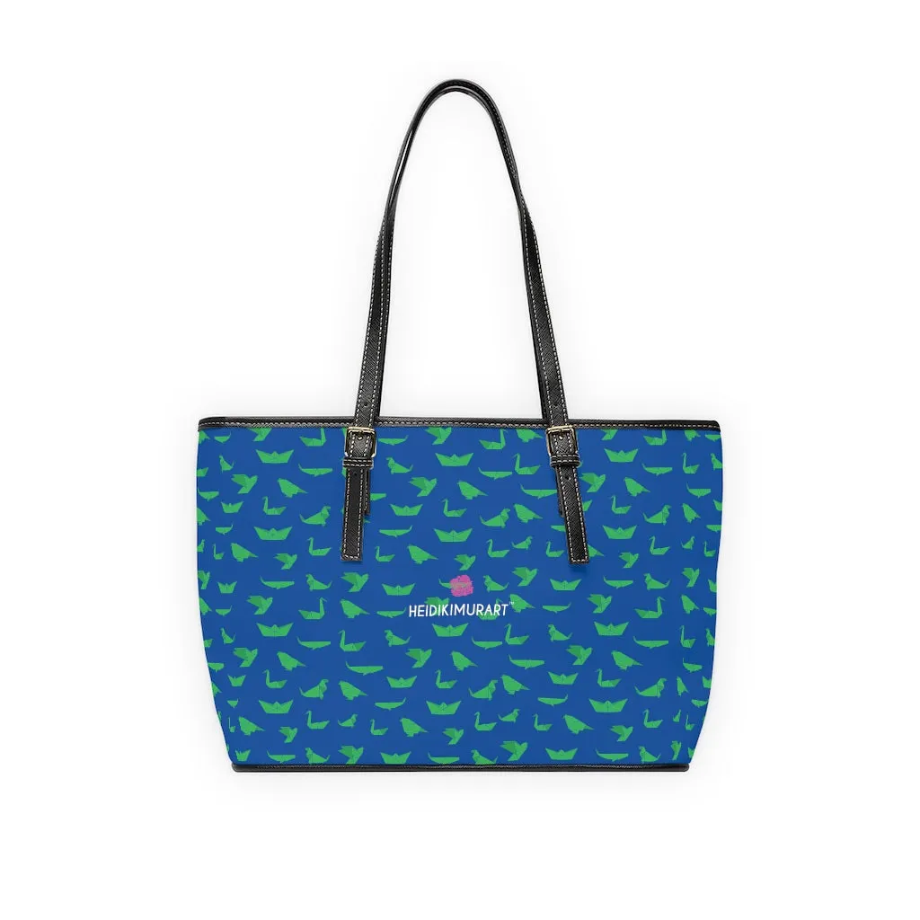 Blue Green Crane Tote Bag, Japanese Style Best PU Leather Shoulder Hand Work Bag 17"x11"/ 16"x10"