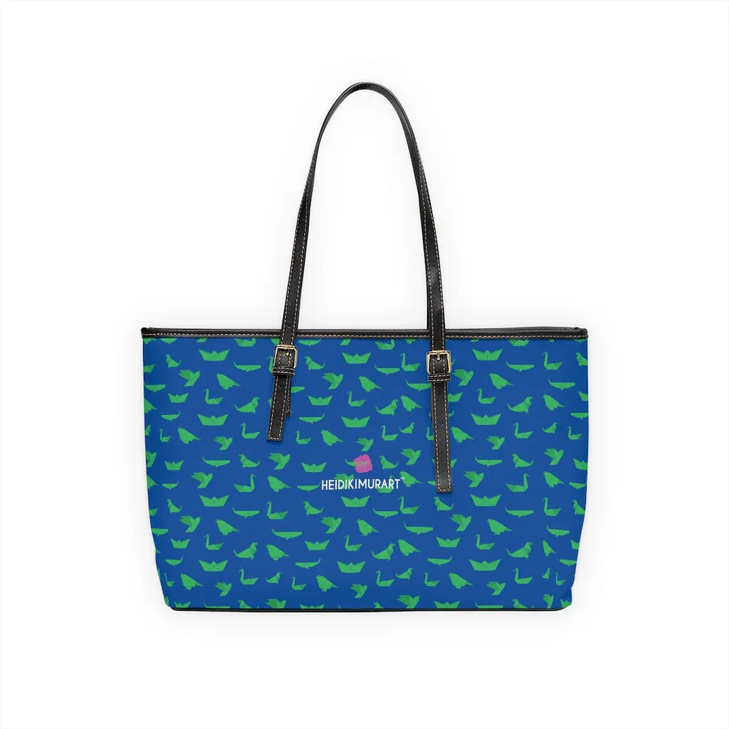 Blue Green Crane Tote Bag, Japanese Style Best PU Leather Shoulder Hand Work Bag 17"x11"/ 16"x10"