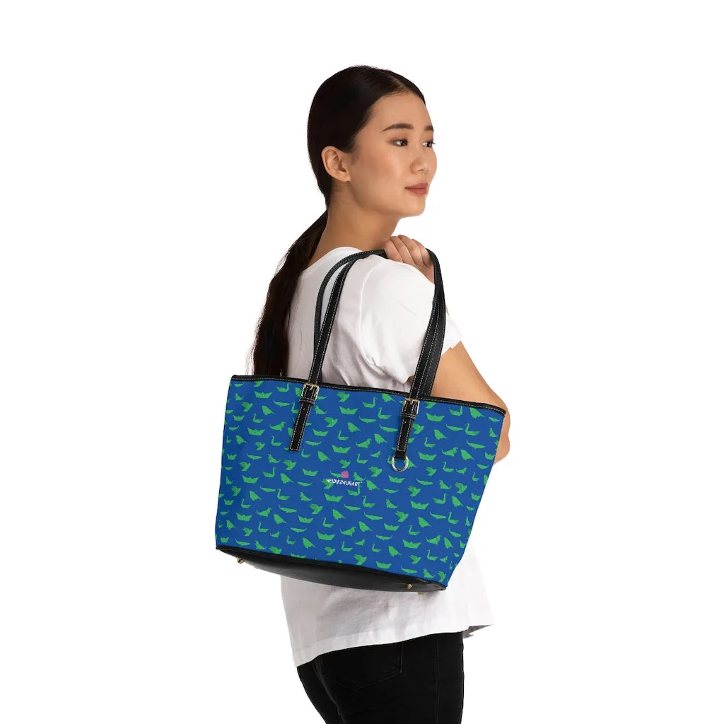 Blue Green Crane Tote Bag, Japanese Style Best PU Leather Shoulder Hand Work Bag 17"x11"/ 16"x10"