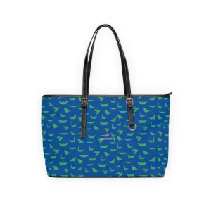 Blue Green Crane Tote Bag, Japanese Style Best PU Leather Shoulder Hand Work Bag 17"x11"/ 16"x10"