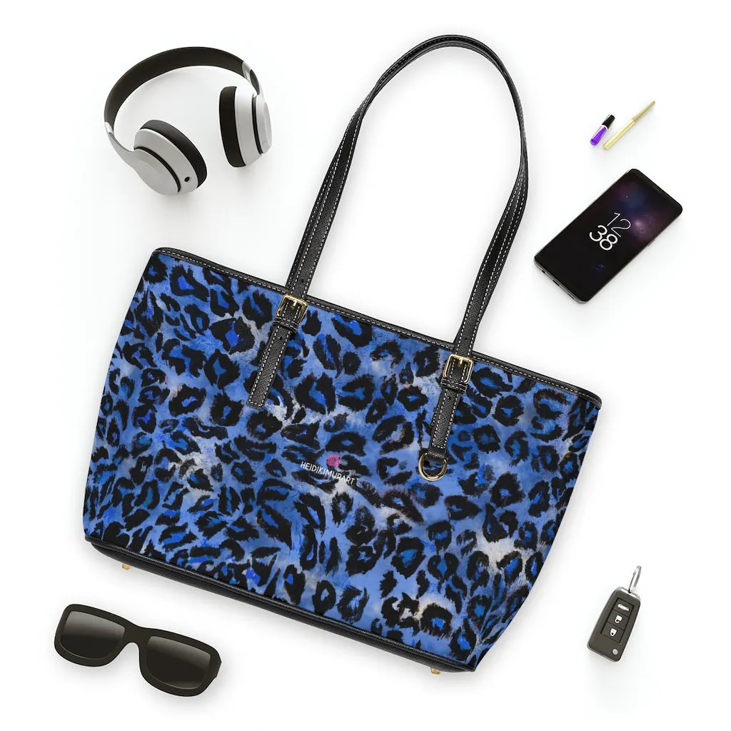 Blue Leopard Print Tote Bag, Animal Print PU Leather Shoulder Hand Work Bag 17"x11"/ 16"x10"