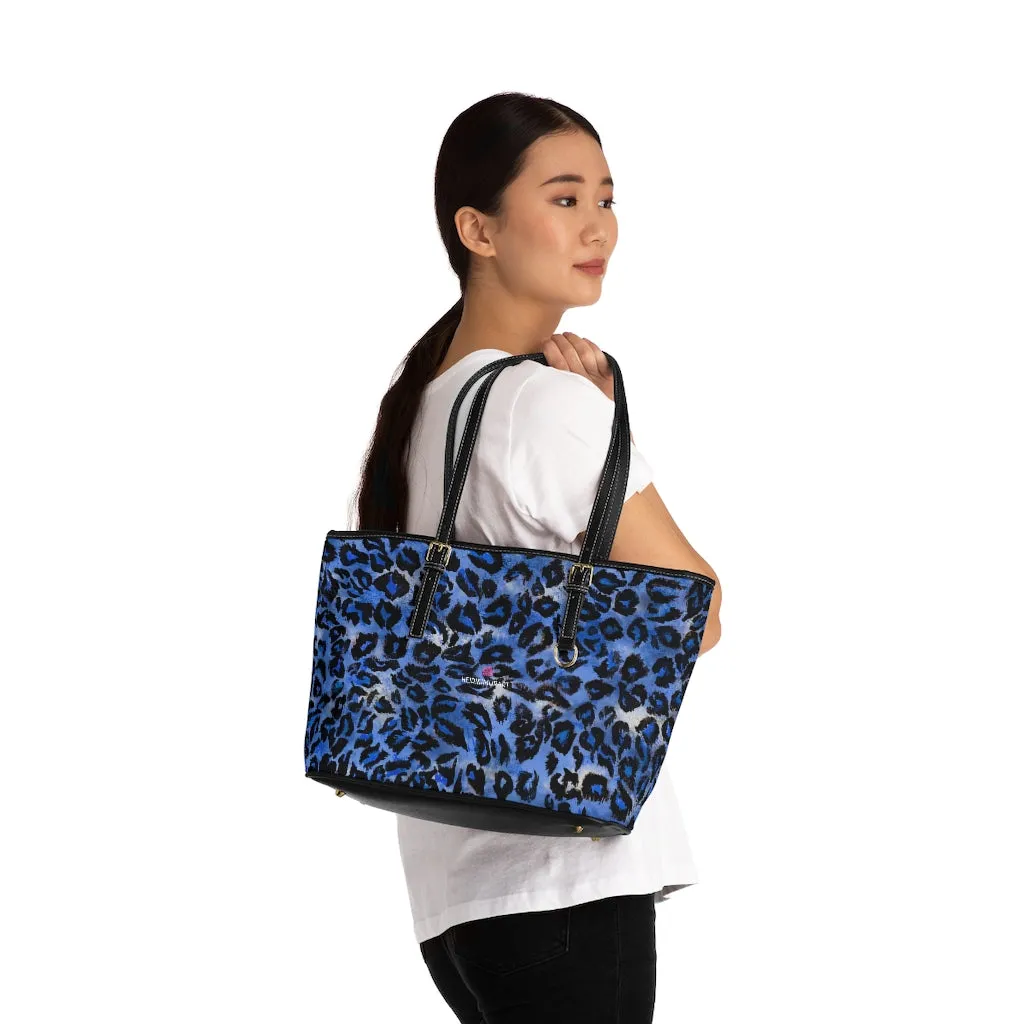 Blue Leopard Print Tote Bag, Animal Print PU Leather Shoulder Hand Work Bag 17"x11"/ 16"x10"