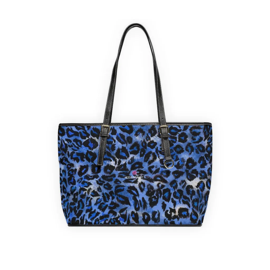 Blue Leopard Print Tote Bag, Animal Print PU Leather Shoulder Hand Work Bag 17"x11"/ 16"x10"