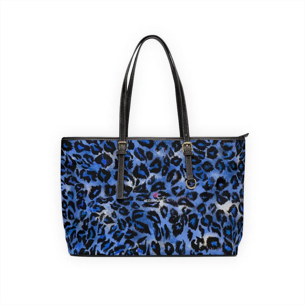 Blue Leopard Print Tote Bag, Animal Print PU Leather Shoulder Hand Work Bag 17"x11"/ 16"x10"