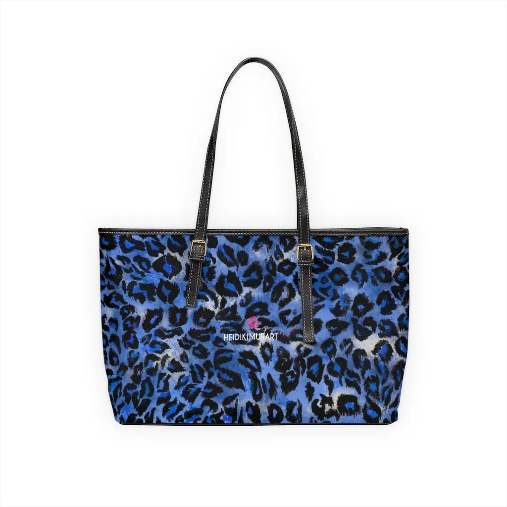 Blue Leopard Print Tote Bag, Animal Print PU Leather Shoulder Hand Work Bag 17"x11"/ 16"x10"