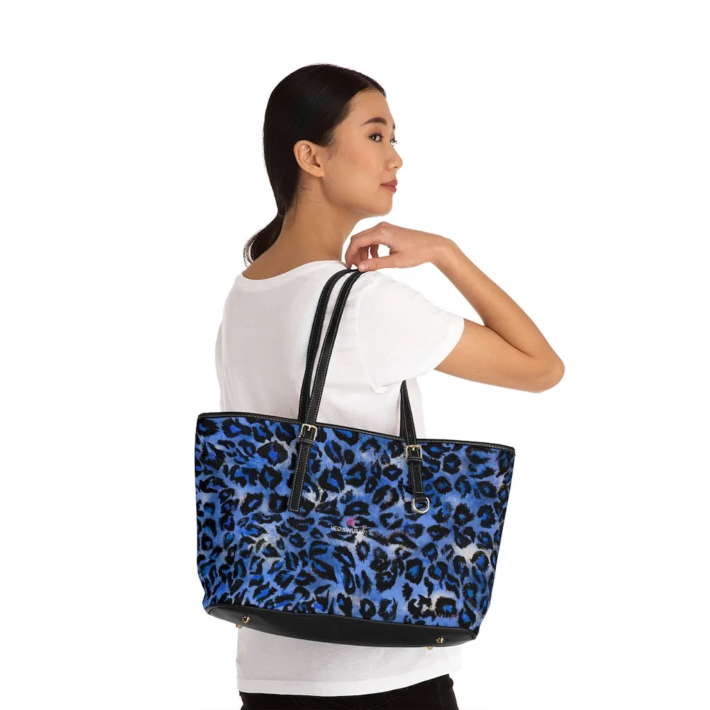 Blue Leopard Print Tote Bag, Animal Print PU Leather Shoulder Hand Work Bag 17"x11"/ 16"x10"