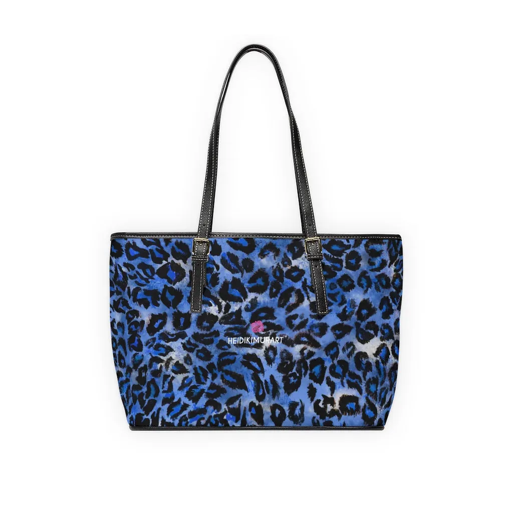 Blue Leopard Print Tote Bag, Animal Print PU Leather Shoulder Hand Work Bag 17"x11"/ 16"x10"