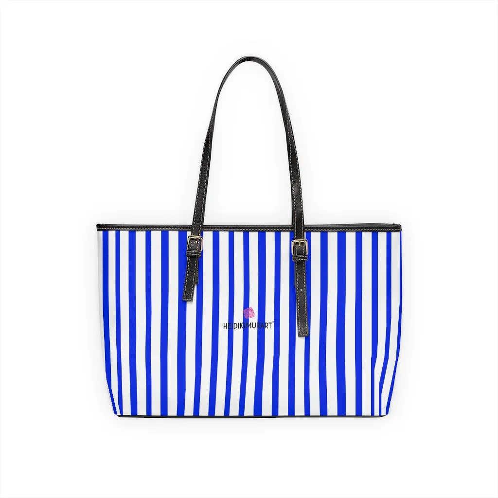 Blue Striped Best Tote Bag, Best Designer PU Leather Shoulder Hand Work Bag 17"x11"/ 16"x10"