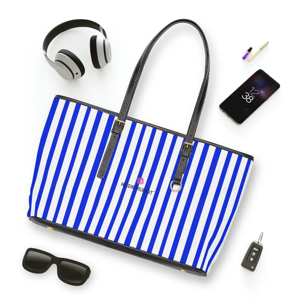 Blue Striped Best Tote Bag, Best Designer PU Leather Shoulder Hand Work Bag 17"x11"/ 16"x10"