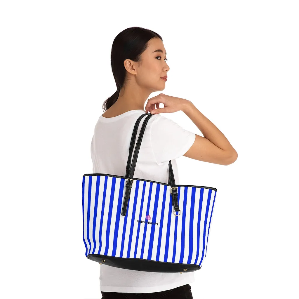 Blue Striped Best Tote Bag, Best Designer PU Leather Shoulder Hand Work Bag 17"x11"/ 16"x10"