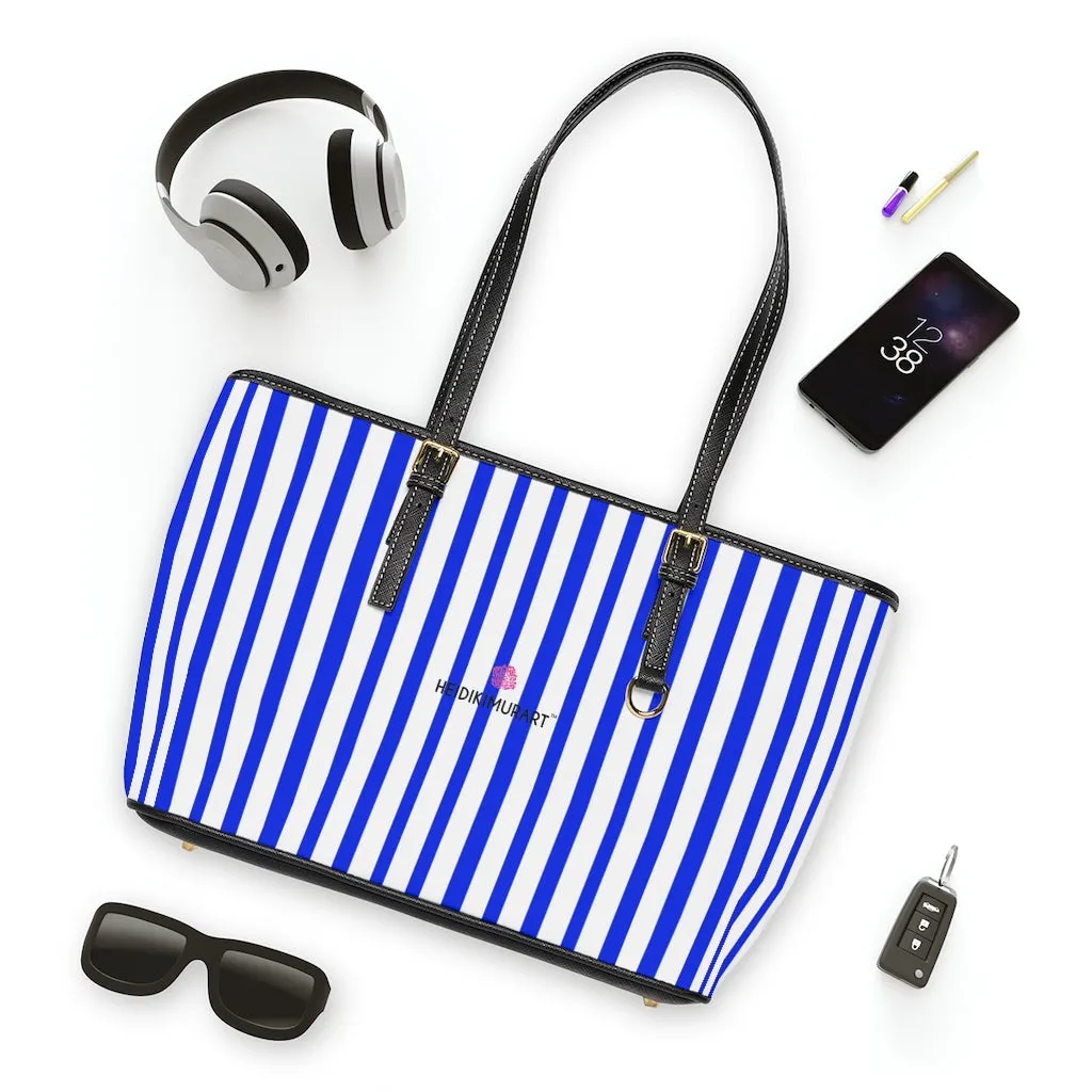 Blue Striped Best Tote Bag, Best Designer PU Leather Shoulder Hand Work Bag 17"x11"/ 16"x10"