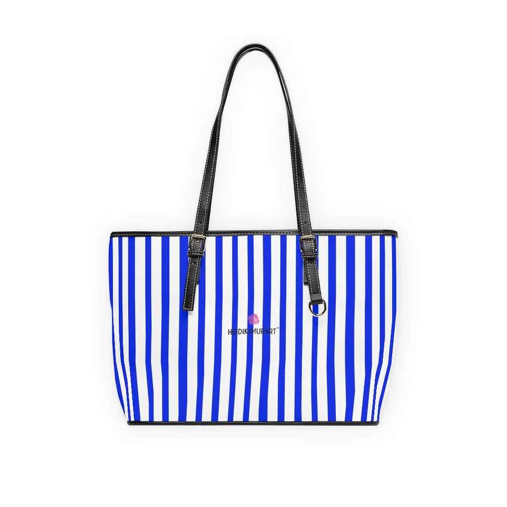 Blue Striped Best Tote Bag, Best Designer PU Leather Shoulder Hand Work Bag 17"x11"/ 16"x10"