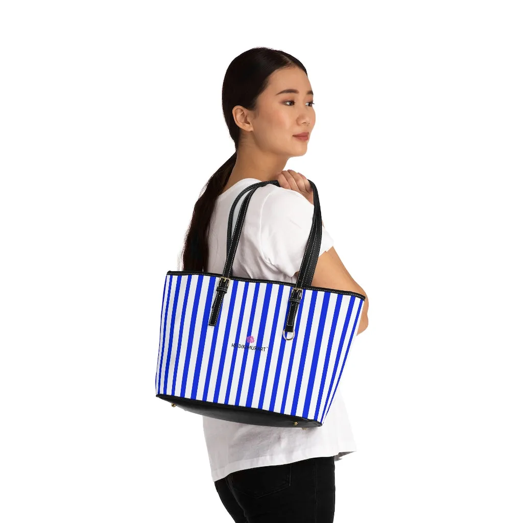 Blue Striped Best Tote Bag, Best Designer PU Leather Shoulder Hand Work Bag 17"x11"/ 16"x10"