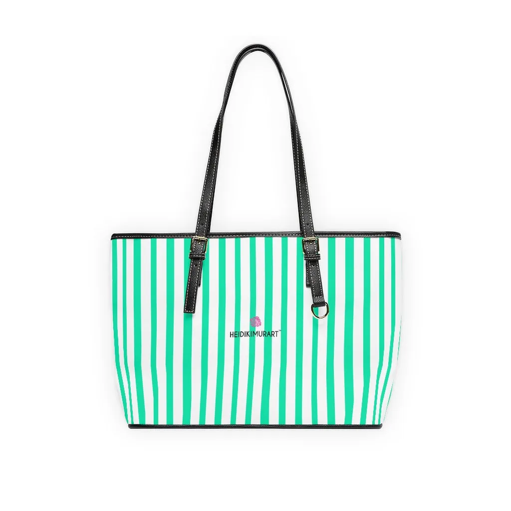 Blue Stripes Tote Bag, Best Designer PU Leather Shoulder Hand Work Bag 17"x11"/ 16"x10"