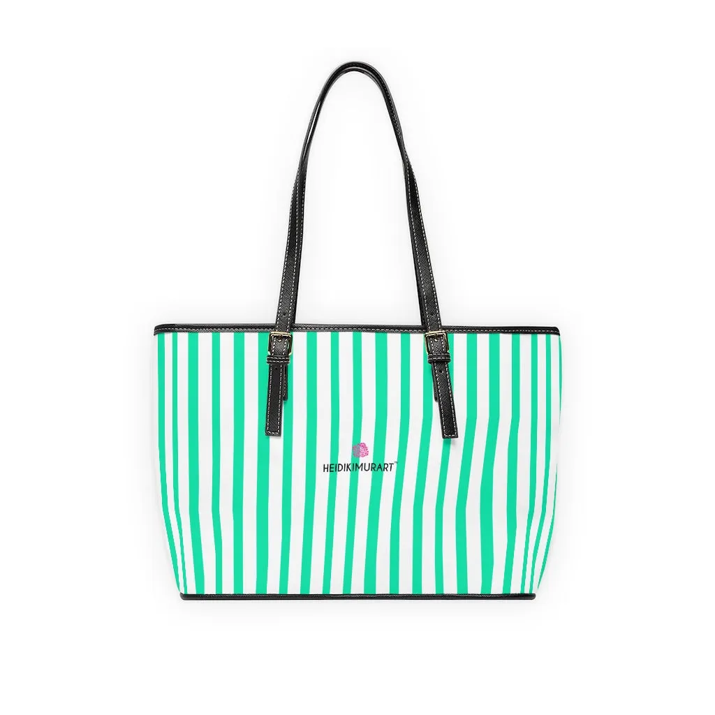 Blue Stripes Tote Bag, Best Designer PU Leather Shoulder Hand Work Bag 17"x11"/ 16"x10"