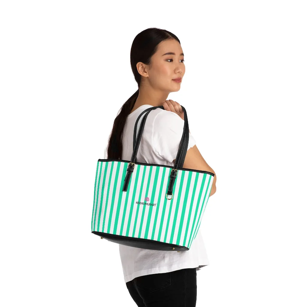 Blue Stripes Tote Bag, Best Designer PU Leather Shoulder Hand Work Bag 17"x11"/ 16"x10"