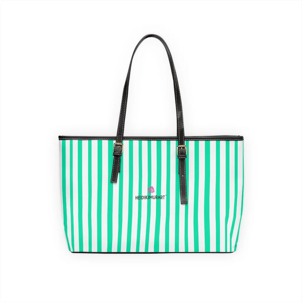 Blue Stripes Tote Bag, Best Designer PU Leather Shoulder Hand Work Bag 17"x11"/ 16"x10"