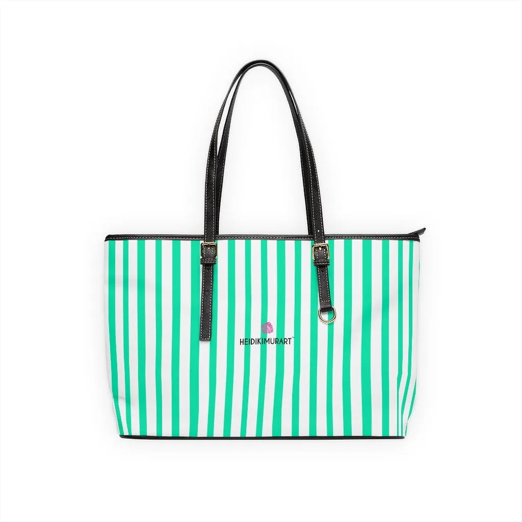 Blue Stripes Tote Bag, Best Designer PU Leather Shoulder Hand Work Bag 17"x11"/ 16"x10"