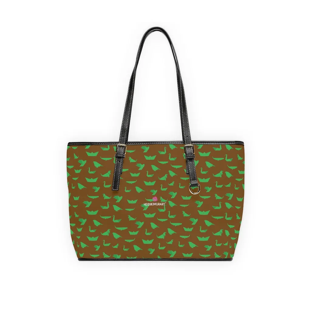 Brown Green Crane Tote Bag, Japanese Style Best PU Leather Shoulder Hand Work Bag 17"x11"/ 16"x10"