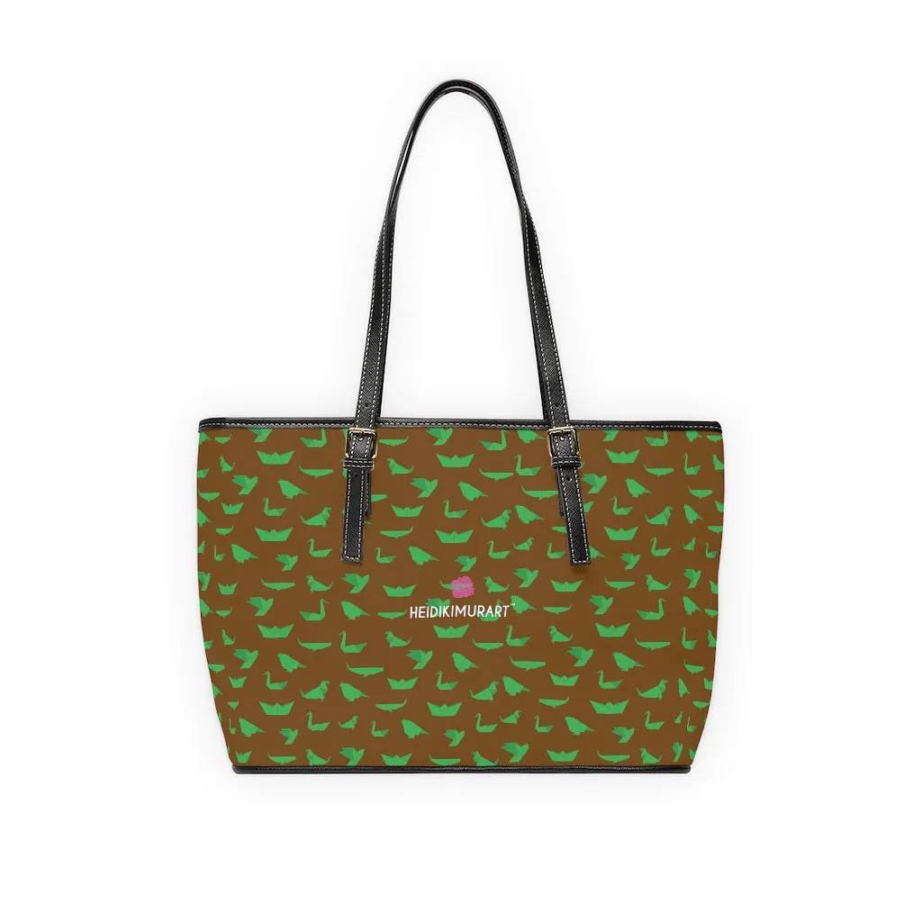 Brown Green Crane Tote Bag, Japanese Style Best PU Leather Shoulder Hand Work Bag 17"x11"/ 16"x10"