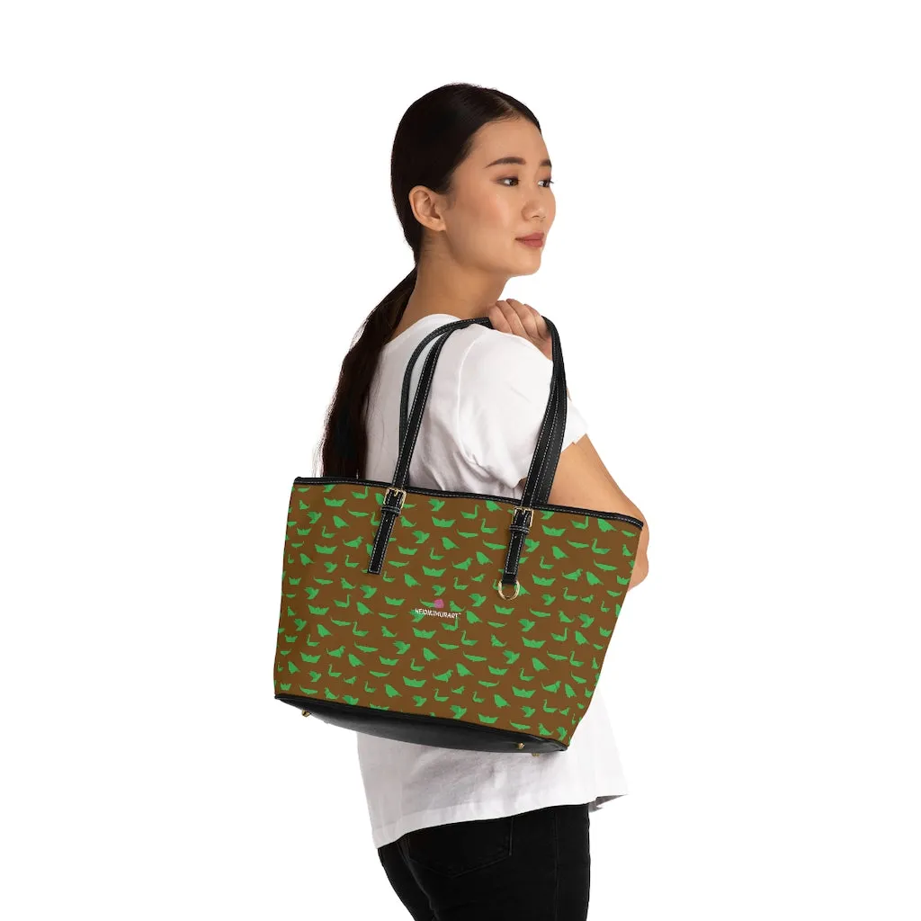 Brown Green Crane Tote Bag, Japanese Style Best PU Leather Shoulder Hand Work Bag 17"x11"/ 16"x10"