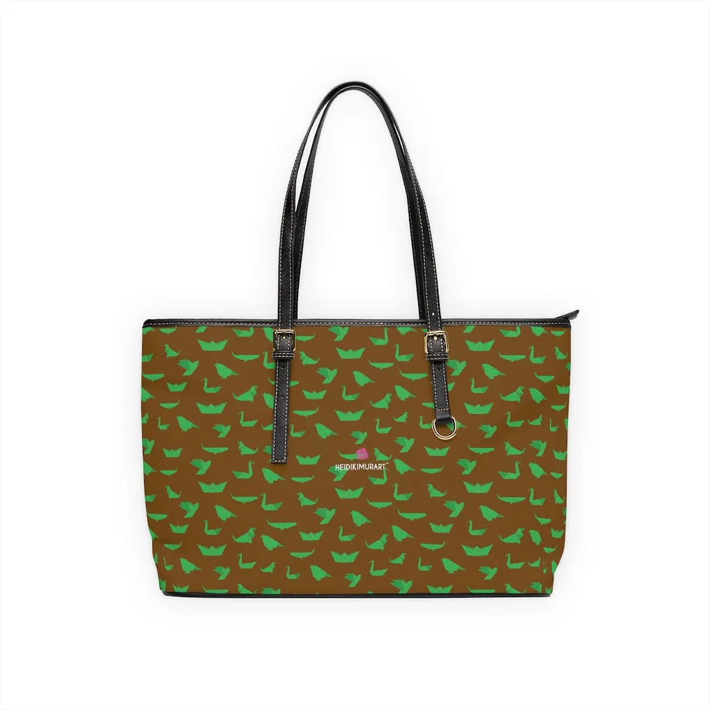 Brown Green Crane Tote Bag, Japanese Style Best PU Leather Shoulder Hand Work Bag 17"x11"/ 16"x10"