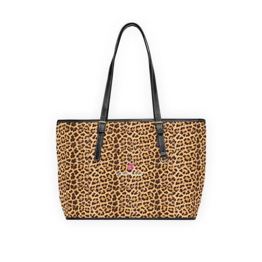 Brown Leopard Print Tote Bag, Animal Print PU Leather Shoulder Hand Work Bag 17"x11"/ 16"x10"