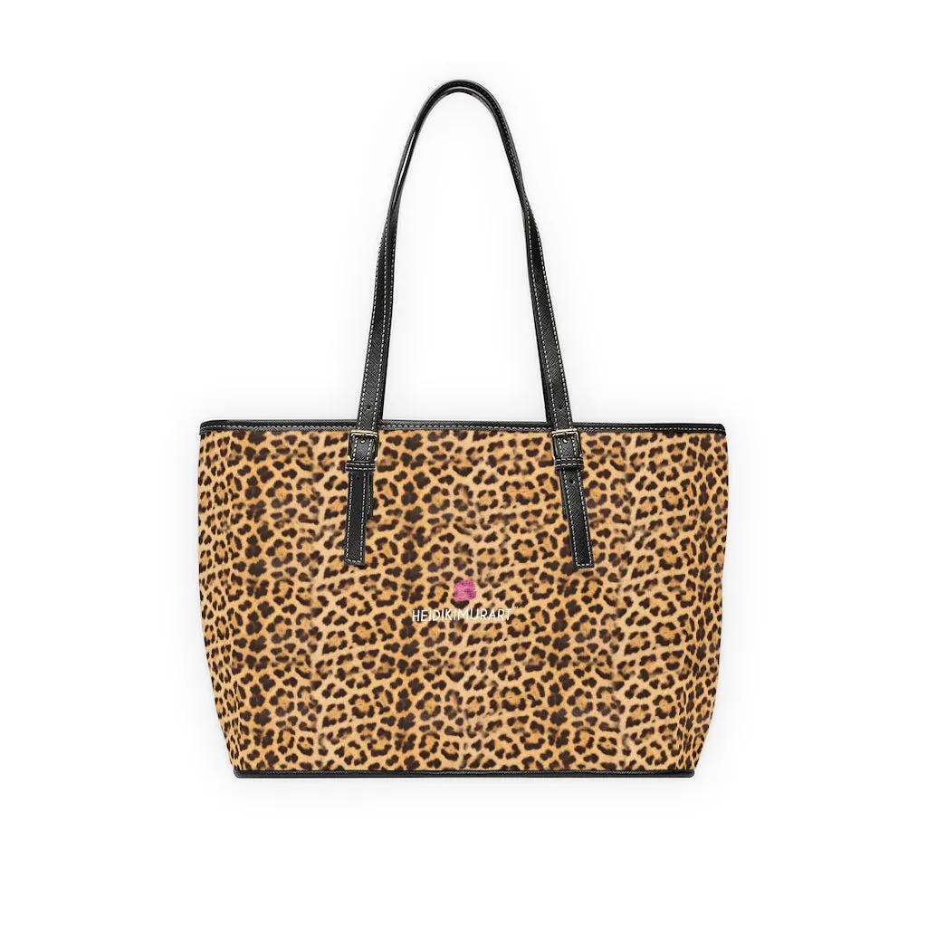 Brown Leopard Print Tote Bag, Animal Print PU Leather Shoulder Hand Work Bag 17"x11"/ 16"x10"