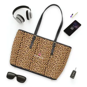 Brown Leopard Print Tote Bag, Animal Print PU Leather Shoulder Hand Work Bag 17"x11"/ 16"x10"