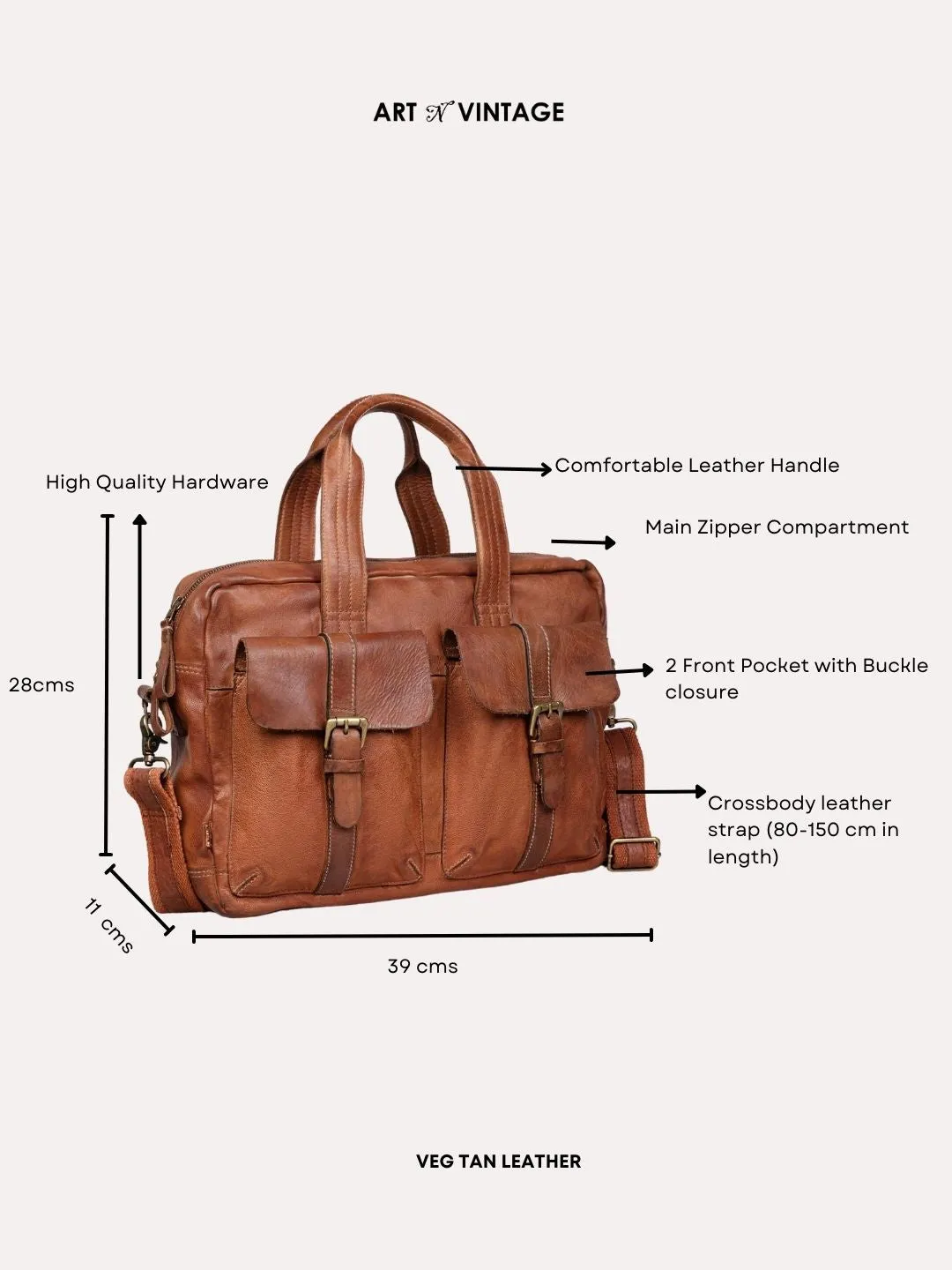 Cognac Vintage Leather Laptop Bag For Men & Women By Art N Vintage