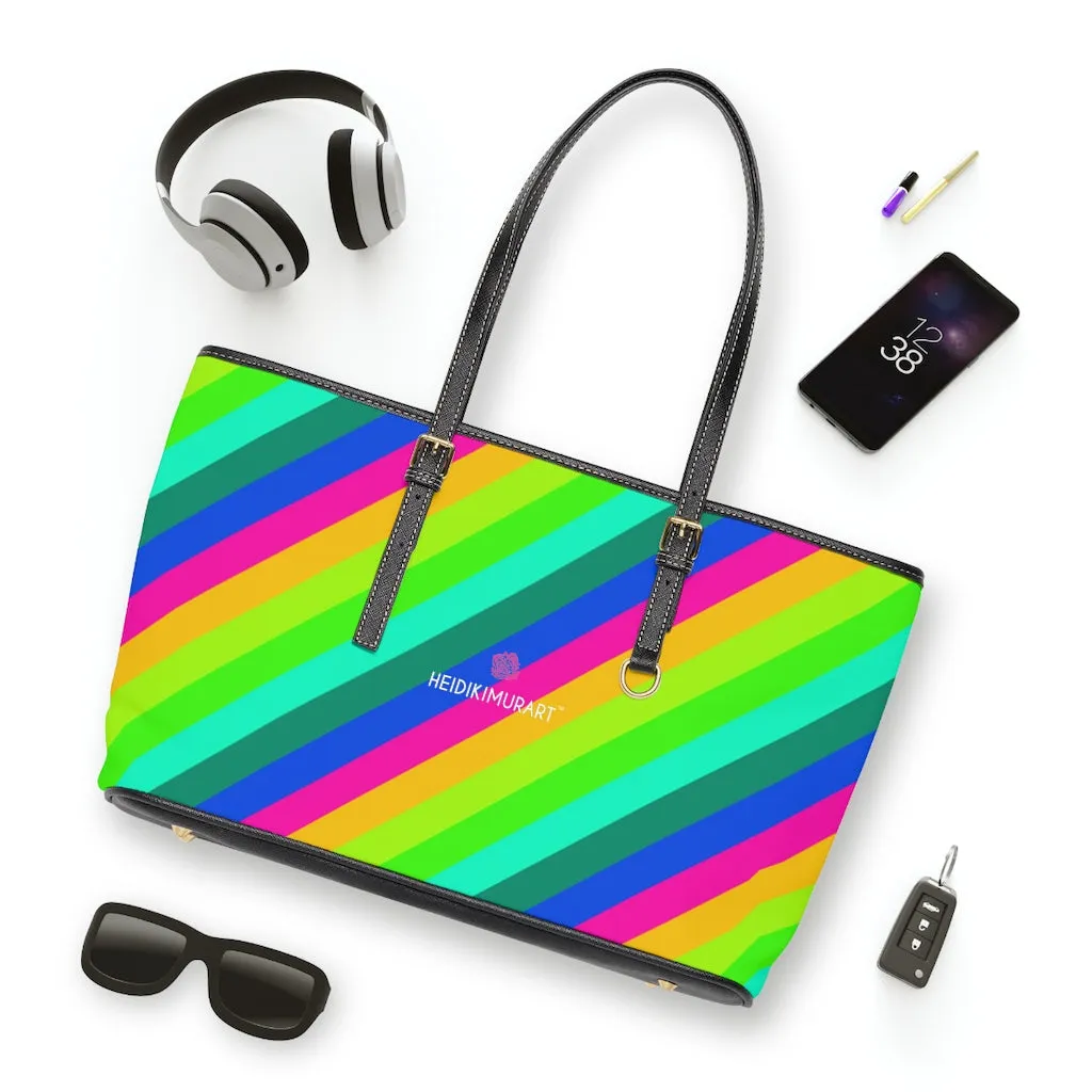 Diagonal Rainbow Stripes Tote Bag, Best Designer PU Leather Shoulder Hand Work Bag 17"x11"/ 16"x10"