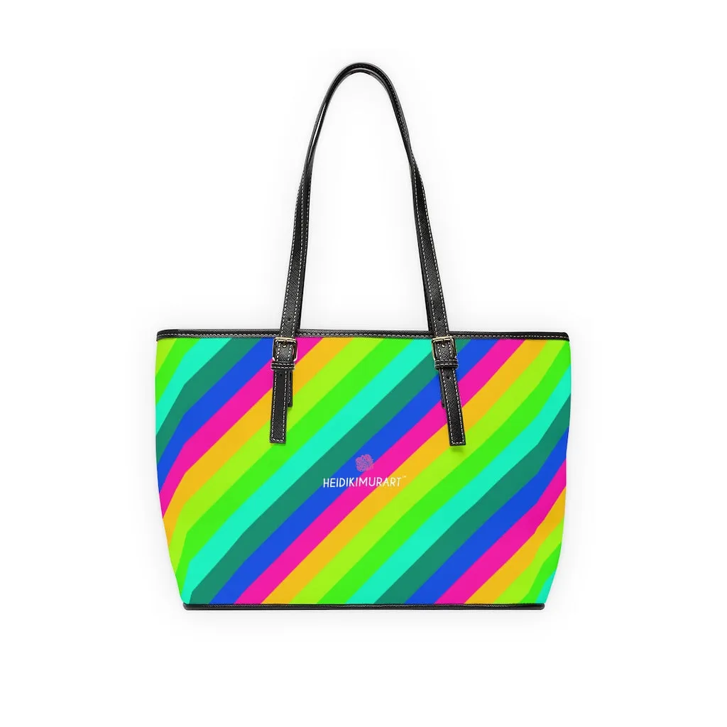 Diagonal Rainbow Stripes Tote Bag, Best Designer PU Leather Shoulder Hand Work Bag 17"x11"/ 16"x10"