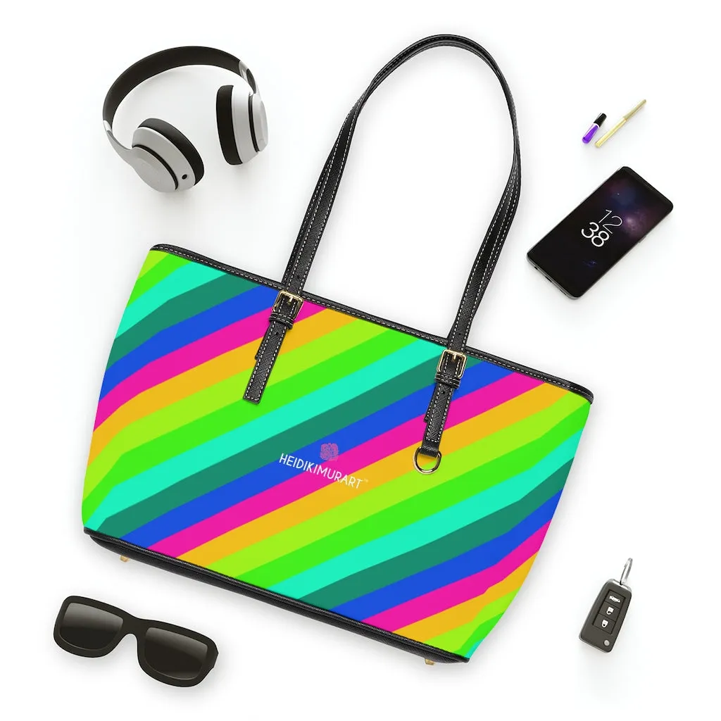 Diagonal Rainbow Stripes Tote Bag, Best Designer PU Leather Shoulder Hand Work Bag 17"x11"/ 16"x10"