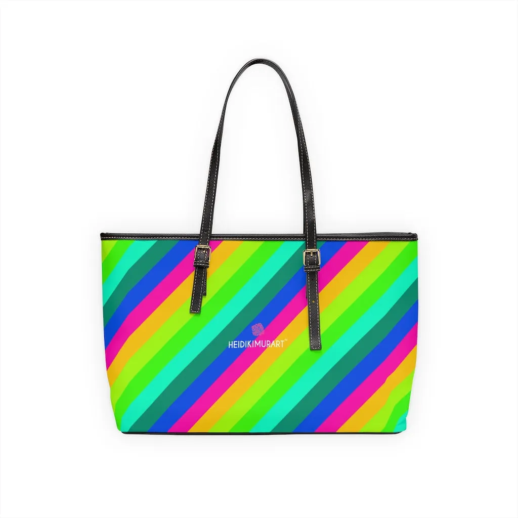 Diagonal Rainbow Stripes Tote Bag, Best Designer PU Leather Shoulder Hand Work Bag 17"x11"/ 16"x10"