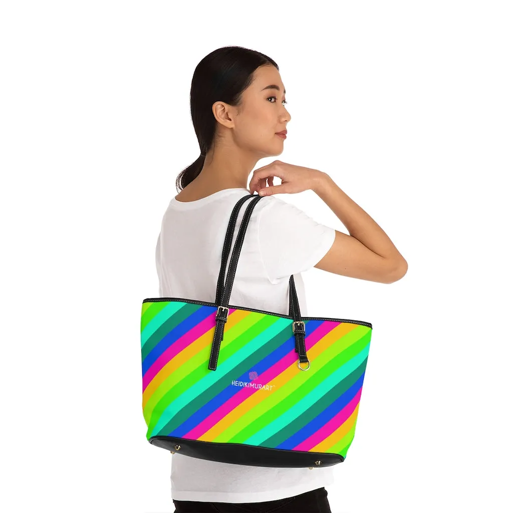 Diagonal Rainbow Stripes Tote Bag, Best Designer PU Leather Shoulder Hand Work Bag 17"x11"/ 16"x10"