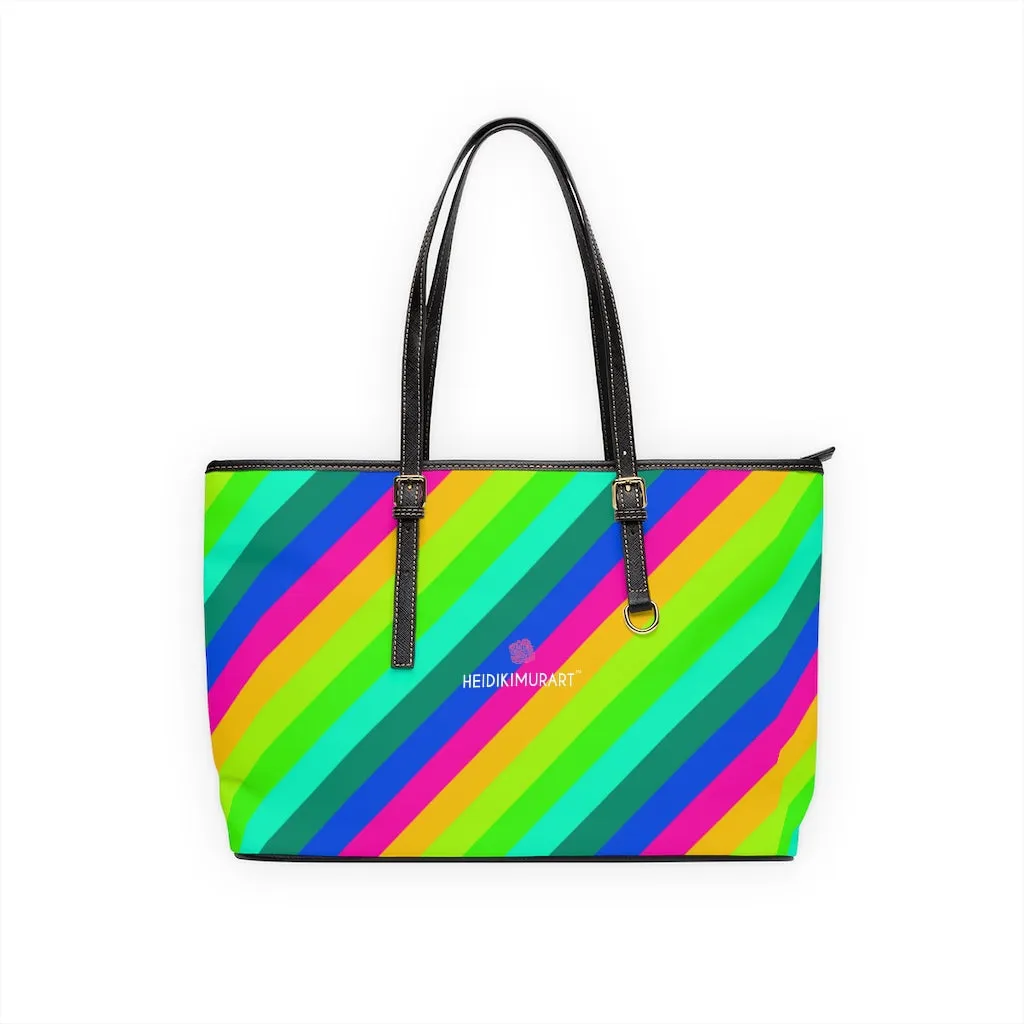 Diagonal Rainbow Stripes Tote Bag, Best Designer PU Leather Shoulder Hand Work Bag 17"x11"/ 16"x10"