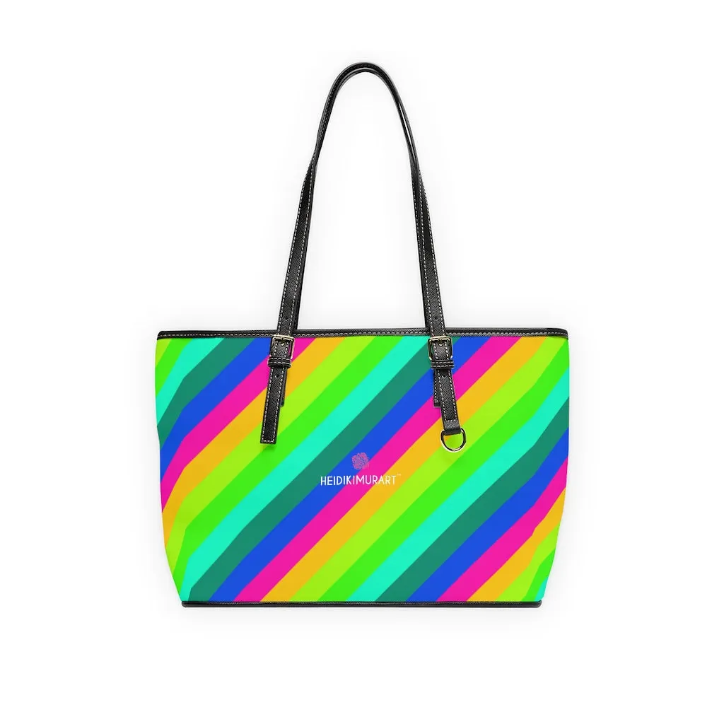 Diagonal Rainbow Stripes Tote Bag, Best Designer PU Leather Shoulder Hand Work Bag 17"x11"/ 16"x10"