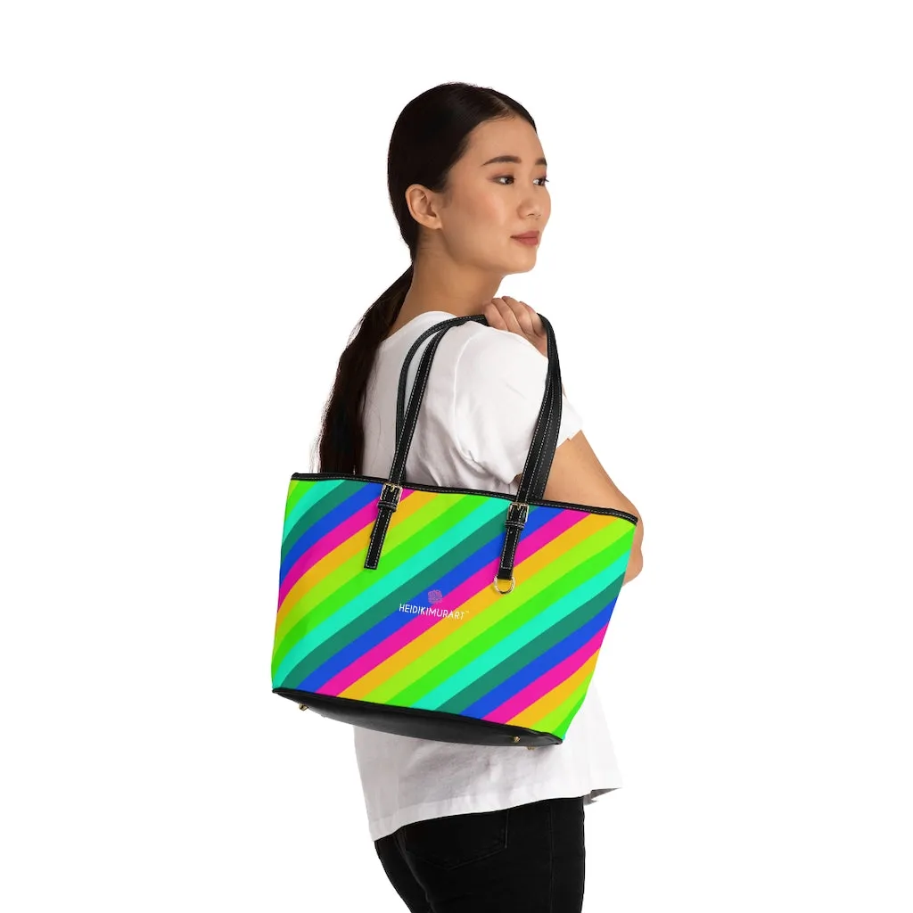 Diagonal Rainbow Stripes Tote Bag, Best Designer PU Leather Shoulder Hand Work Bag 17"x11"/ 16"x10"