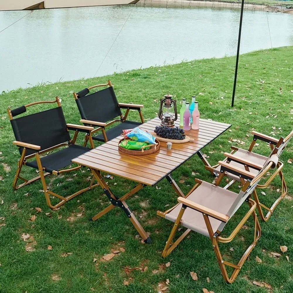 Garden Outdoor Furniture Camping Chair Wooden Egg Roll Picnic Desk Folding Beach