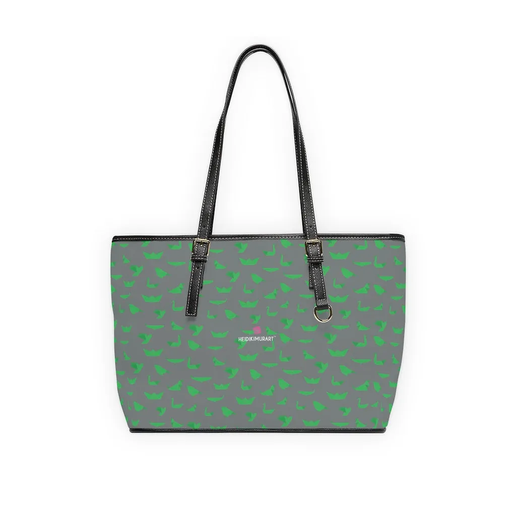 Gray Green Crane Tote Bag, Japanese Style Best PU Leather Shoulder Hand Work Bag 17"x11"/ 16"x10"