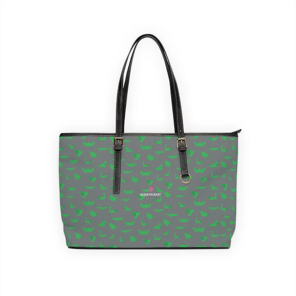 Gray Green Crane Tote Bag, Japanese Style Best PU Leather Shoulder Hand Work Bag 17"x11"/ 16"x10"