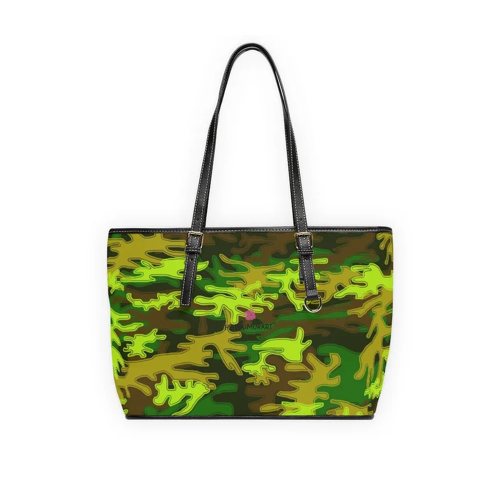 Green Camo Print Tote Bag, Army Printed PU Leather Shoulder Hand Work Bag 17"x11"/ 16"x10"