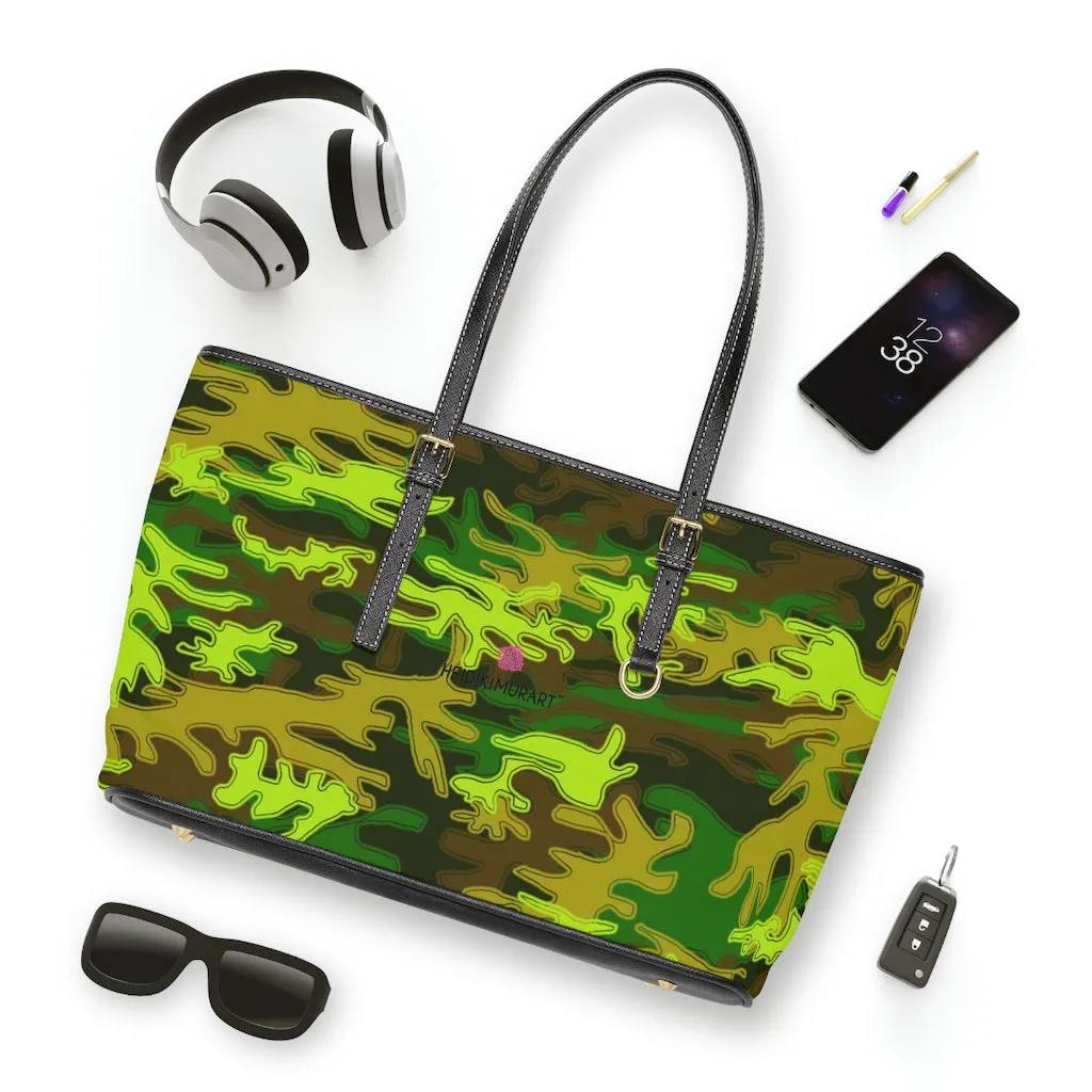 Green Camo Print Tote Bag, Army Printed PU Leather Shoulder Hand Work Bag 17"x11"/ 16"x10"