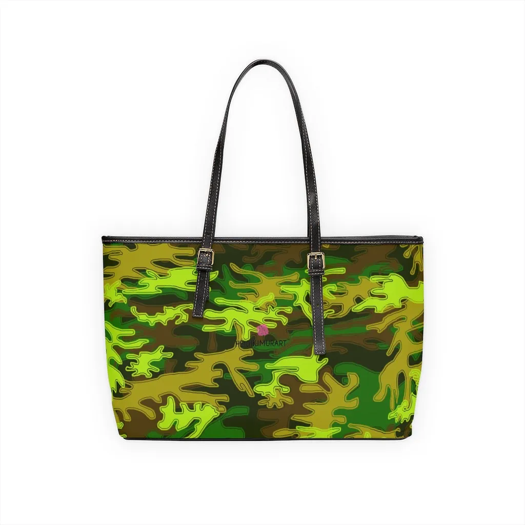 Green Camo Print Tote Bag, Army Printed PU Leather Shoulder Hand Work Bag 17"x11"/ 16"x10"