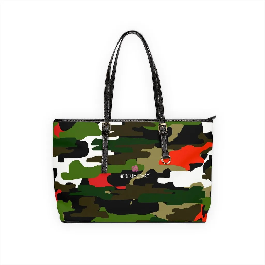 Green Camo Printed Tote Bag, Army Printed PU Leather Shoulder Hand Work Bag 17"x11"/ 16"x10"