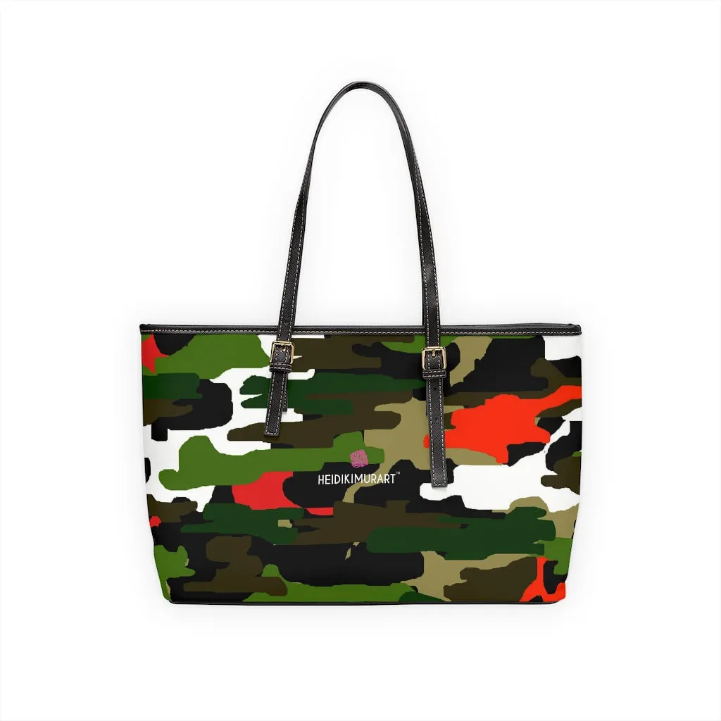 Green Camo Printed Tote Bag, Army Printed PU Leather Shoulder Hand Work Bag 17"x11"/ 16"x10"