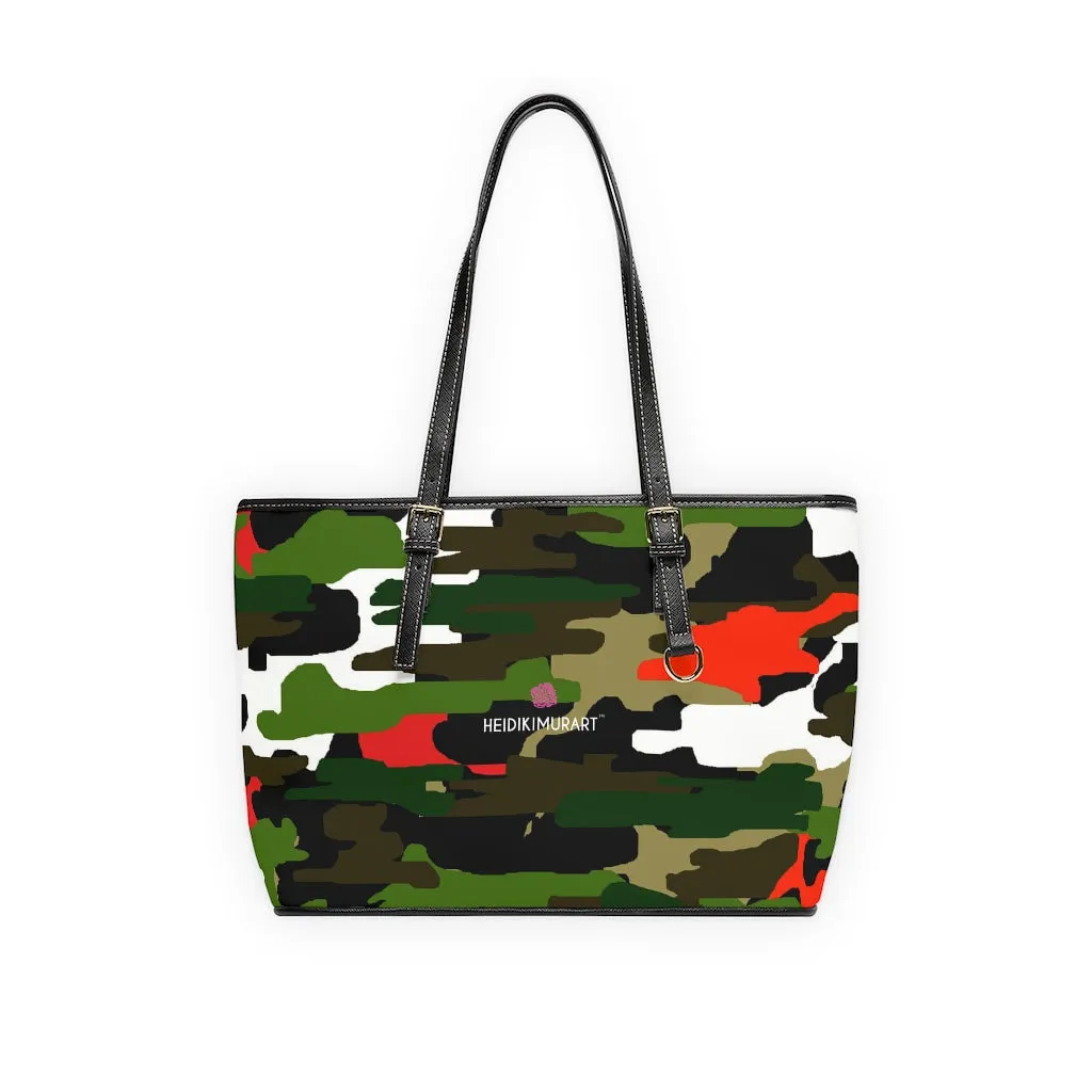 Green Camo Printed Tote Bag, Army Printed PU Leather Shoulder Hand Work Bag 17"x11"/ 16"x10"